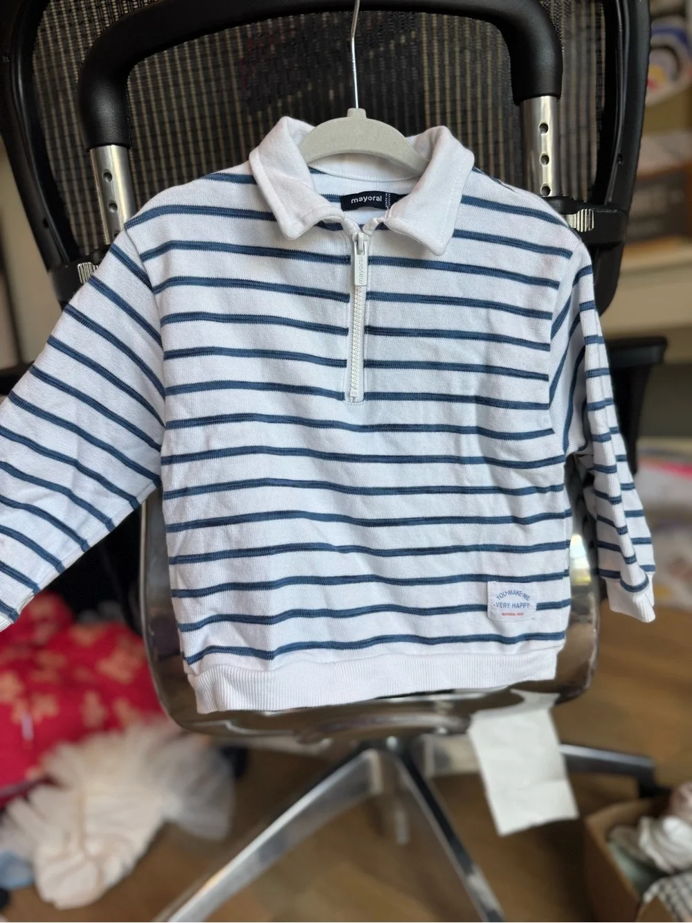 Mayoral White and Navy Striped Half-Zip Pullover